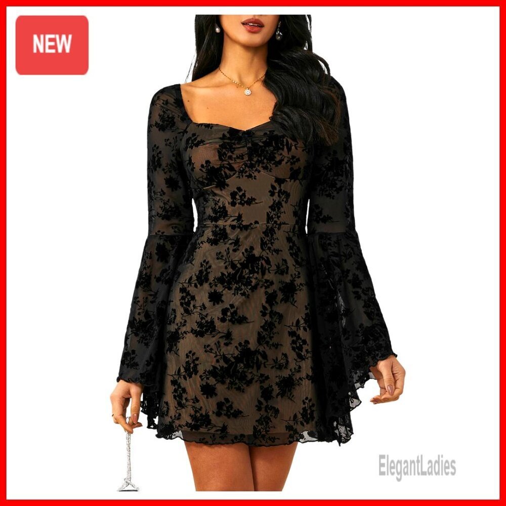 Vintage Gothic Floral Jacquard Mesh Dress Long Sleeve A-Line Sweetheart Neck